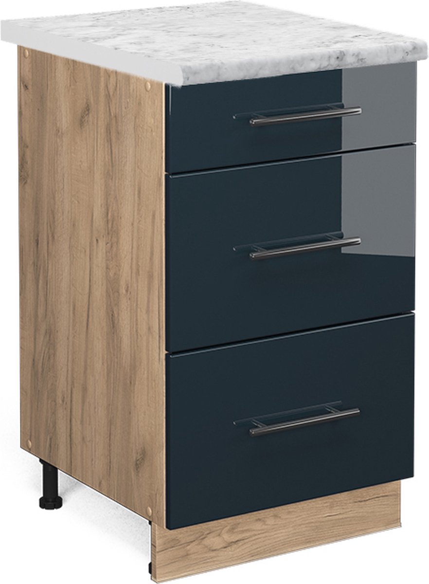 Vicco Fame-Line Keukenkasten – 50 cm, WB Marmer Donkerblauw hoogglans donkerblauw hoogglans/goudkleurig eiken