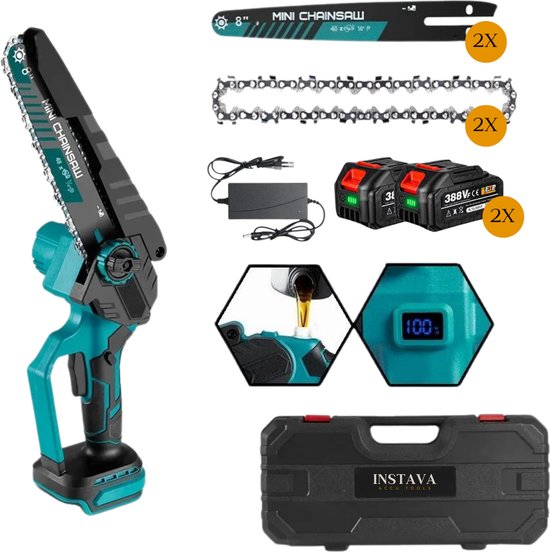 Instava Mini Kettingzaag Incl. 2x Accu (4.0Ah) - Geschikt Voor Makita 18v Accu - Incl. Opbergkoffer en Accessoires - Elektrische Takkenzaag - Snoeizaag - Houtzaag - Handkettingzaag - Boomzaag - Zaagmachine - Heggenschaar
