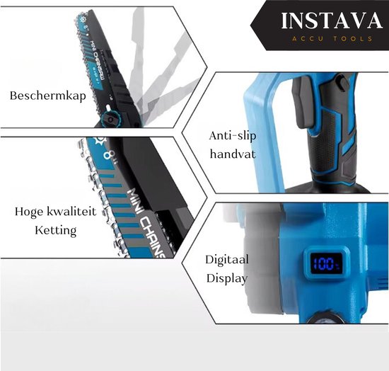 Instava Mini Kettingzaag Incl. 2x Accu - Geschikt Voor Makita 18v Accu - Incl. Opbergkoffer en Accessoires - Elektrische Takkenzaag - Snoeizaag - Houtzaag - Handkettingzaag - Boomzaag - Zaagmachine - Heggenschaar van Instava — afbeelding 2