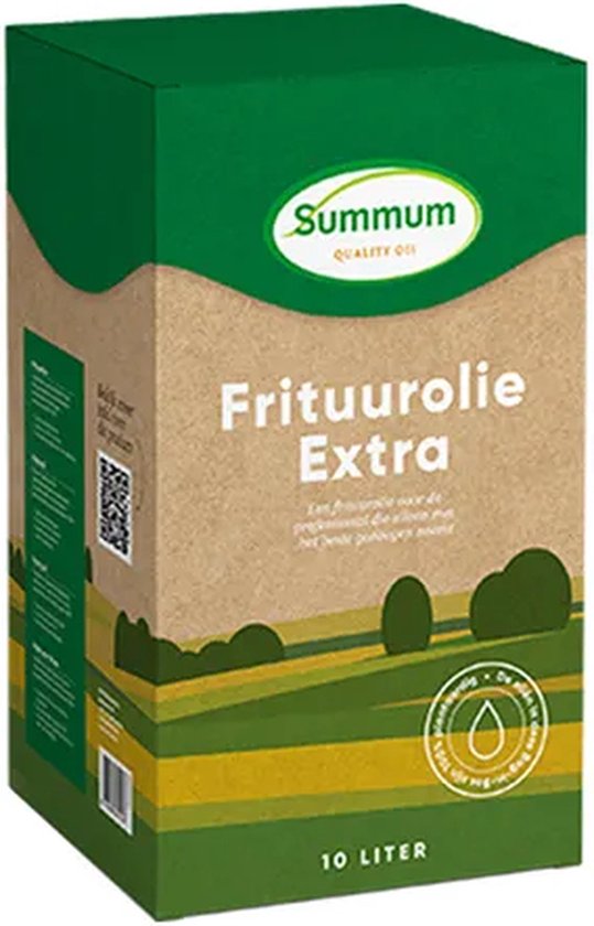 Een groene en bruine kartonnen doos van 10 liter met Summum Frituurolie Extra, met een landschap van groen en gele strepen.