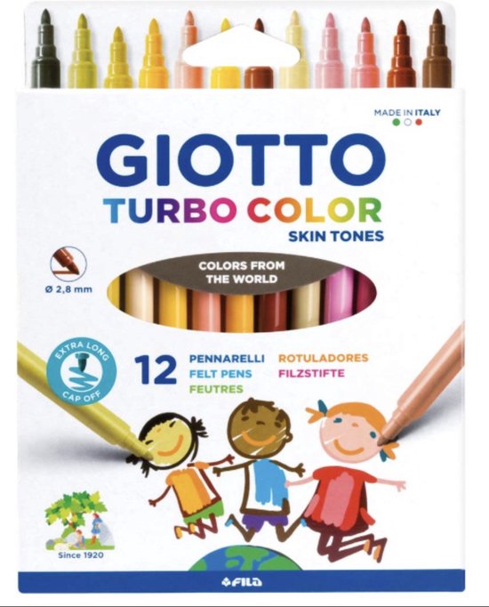 Giotto Turbo Color stiften, 12 stuks in huidtinten. Doos met vrolijke illustratie van kinderen.