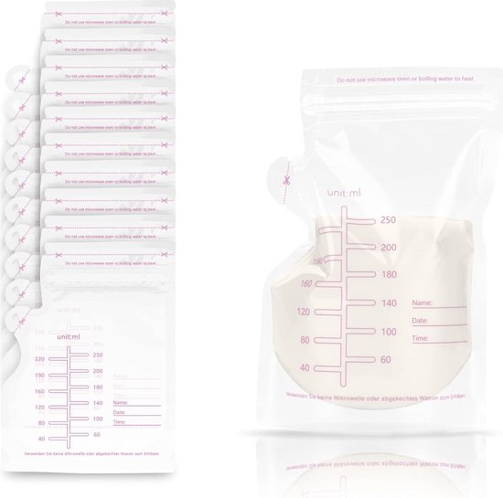 Nuliie 120 stuks moedermelkzakjes, 250 ml BPA-vrij, melkzak voor moedermelk met schenktuit voor borstvoeding, zelfstaand, kan worden ingevroren, ruimtebesparend