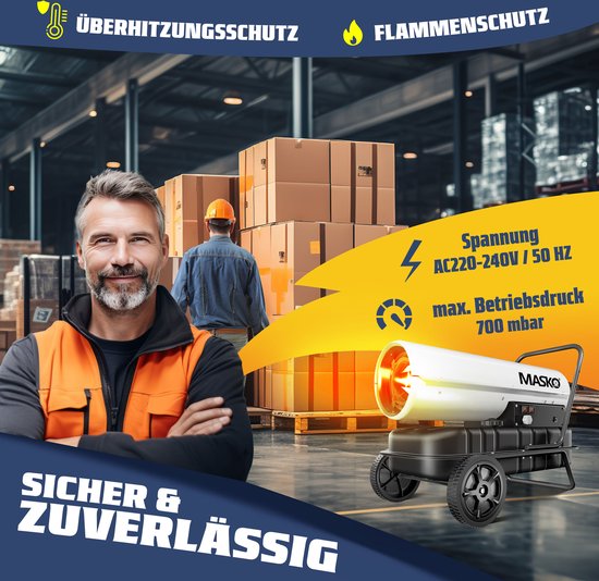 Wit MASKO heteluchtkanon met een op de voorgrond staande man, in een magazijnsetting. 'Veilig & Betrouwbaar'.