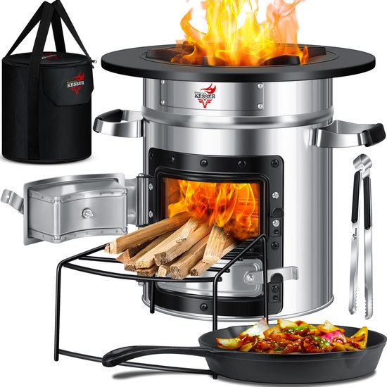 KESSER® Raket Stove / Camping Kachel / Wood Stove Incl. Gietijzeren Grillpan met Draagtas, Dutch Oven BBQ Raket Houtfornuis Camping Grill, Roestvrij Staal - Zilver