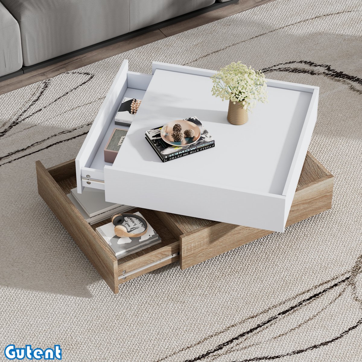 Gutent Salontafel - 360° Draaibaar - 2 Planken - Notenhouten Frame - Wit + Notenhout - 60*60*38cm
