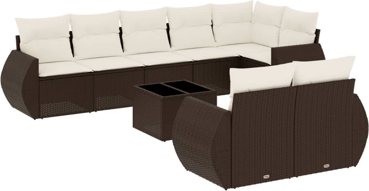 vidaXL 9-delige - Loungeset - met - kussens - poly - rattan - bruin