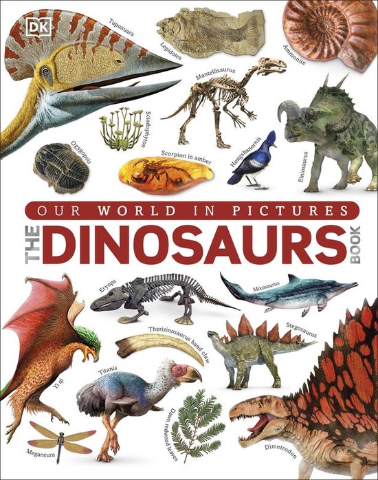Boek met illustraties van dinosaurussen, waaronder een Pterosauria, een fossiel van Lepidotes, een skelet van Mantellisaurus, een ammoniet, een fossiel van Ogygopsis, een plant, een schorpioen in amber, Hongshanornis, Einiosaurus, Eryops, Mixosaurus, Stegosaurus, Dimetrodon, een skelet van Titanis, een fossiel van Yi qi, een libel, en plantenbladeren.