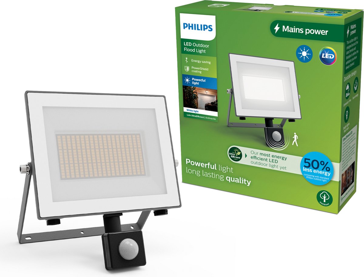 Philips Lois floodlight - UltraEfficient LED - Zwart - 15W - Helder warm licht; 3000K - Bewegingssensor - Verstraler
