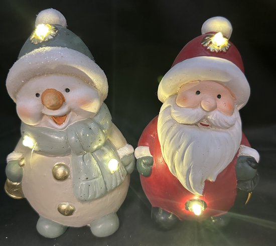 Figurines de Noël Bonhomme de neige et Père Noël avec LED - Set de 2 pièces - avec cloche et lanterne - LED blanc chaud - Vert & Rouge - céramique - hauteur 15 x 10 x 6 cm - Décoration de Noël - Accessoires de maison