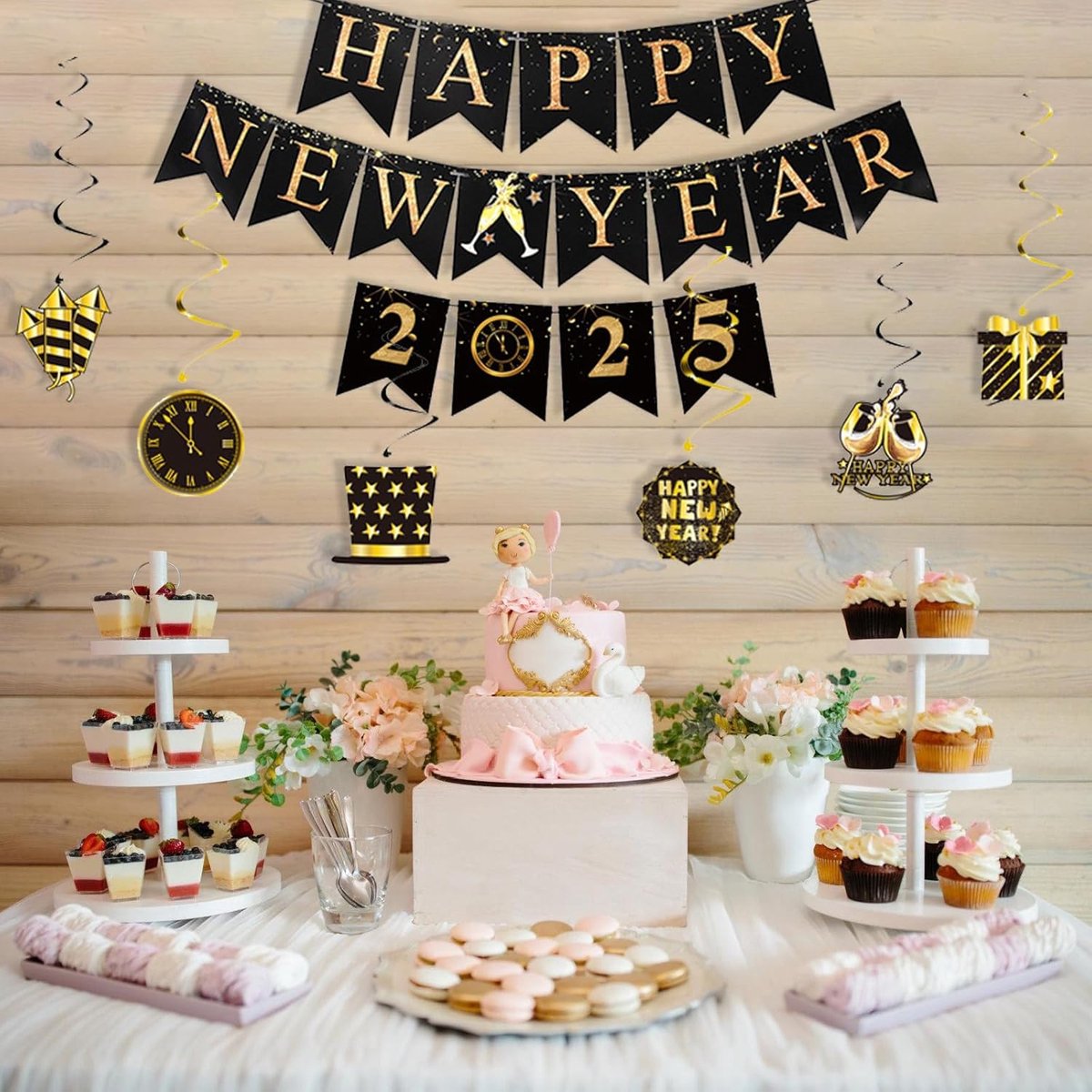 Afdrukbare banner voor gelukkig nieuwjaar | Afdrukbare Happy New Year- slinger | Zwart-gouden oudejaarsfeestdecoraties | Afdrukbare NYE-slinger - België