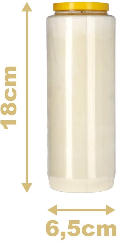 Witte kaars in een transparante pot met gele deksel, met afmetingen 18 cm x 6,5 cm.