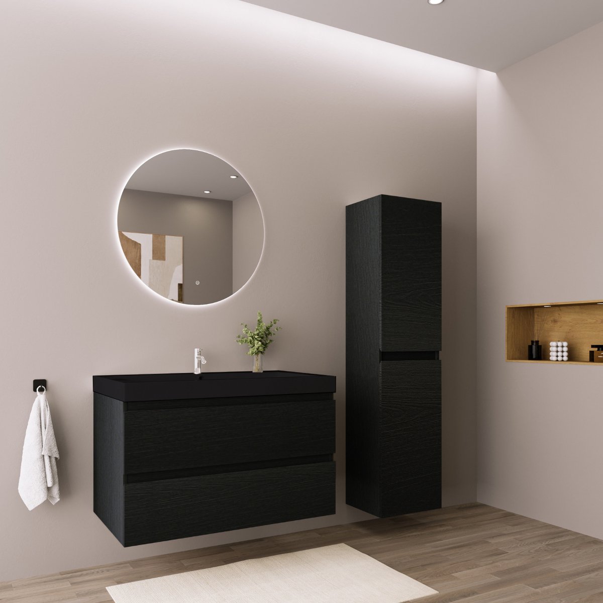 LOMAZOO Badmeubelset Zwart Eiken 80 cm - Wastafel Zwart - Badkamermeubel set - Wastafelmeubel - Badkamerkast hoog [AVALON]