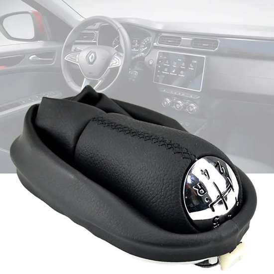 Zwarte pookknop met 5 versnellingen en een chrome afwerking, in een auto-interieur.