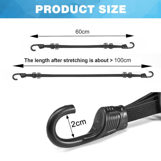 Zwarte elastische banden met haken, met afmetingen van 60 cm (ongerekt) tot meer dan 100 cm (gerekt).
