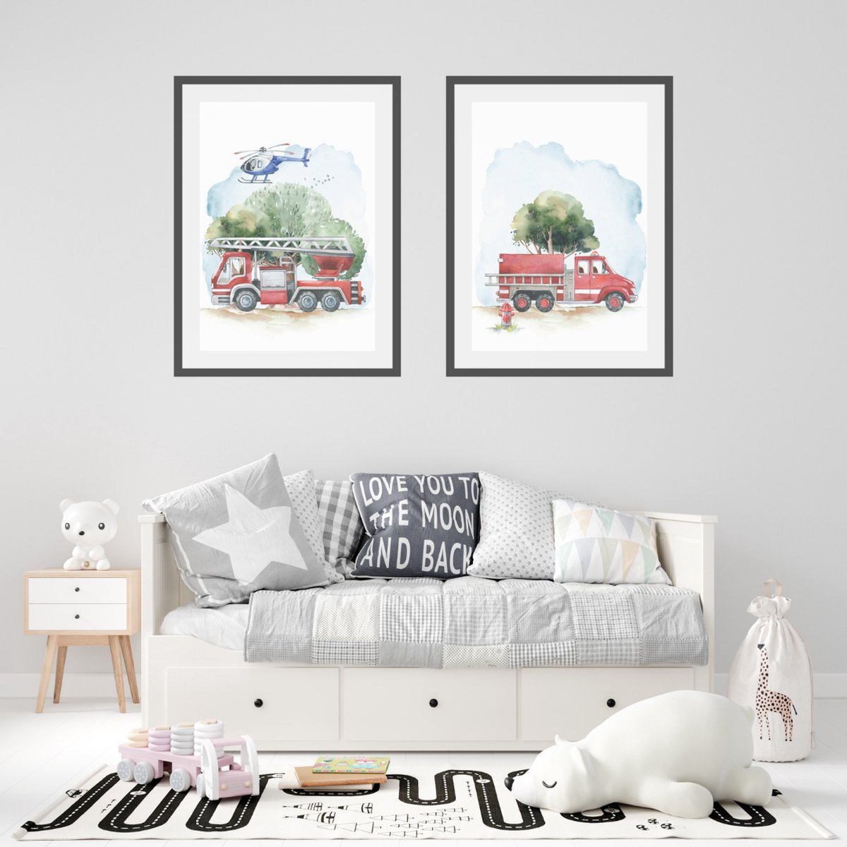 A4 Pastel Firetruck Poster Set/ Pastel Brandweerauto Poster Set/ Ensemble de 2 Affiches de Camion de Pompier Pastel