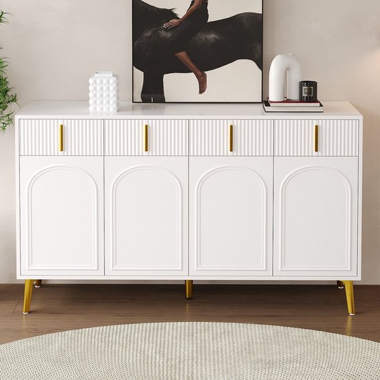 Dressoir 140x40x83cm Met 4 Deuren, Gouden Metalen Handgrepen En Poten Witte Mdf Body
