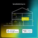 Schema van een huis met sensoren en lampen, Google Home en Alexa logo's.