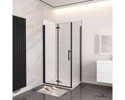76x76x185cm douchecabine met inklapbare vouwdeur en vaste zijwand, 6mm helder EasyClean veiligheidsglas,mat zwarte aluminium frame