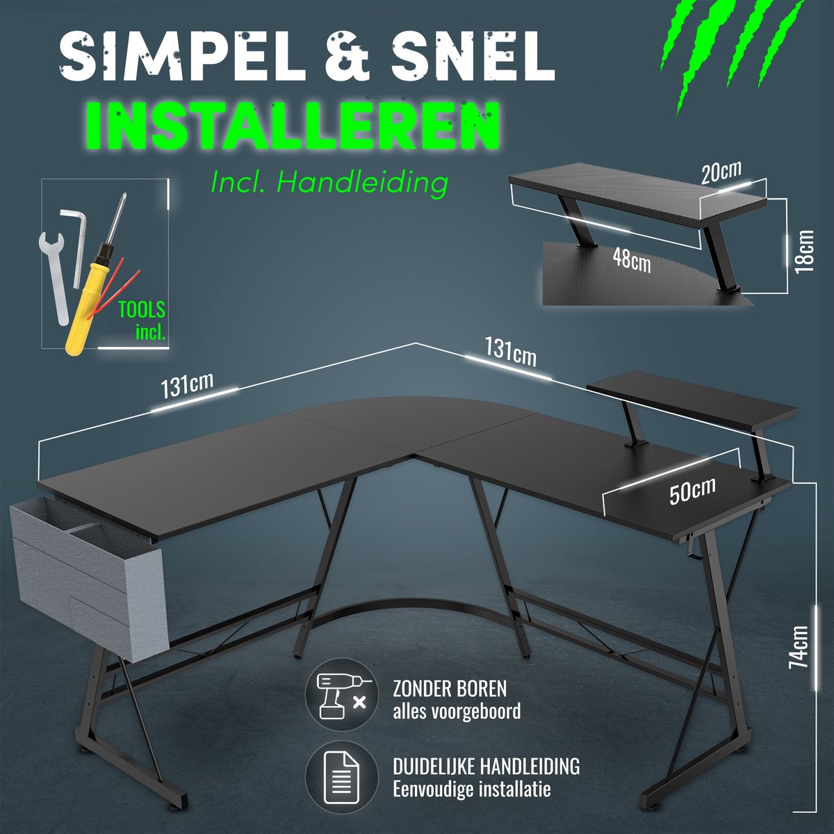 For The Win® For The Win Hoekbureau - L-Vormig Game Bureau - Gaming Bureau - Monitor Standaard - Gaming Desk