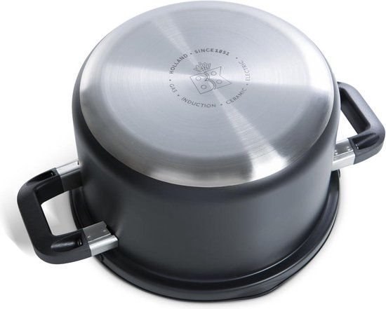 BK Flow Cool Black Pannenset 4-delig - 16/18/20cm - RVS pannenset - Inductie pannenset - Ovenbestendig tot 160°C - Koudgrepen - Met deksel - Zwart