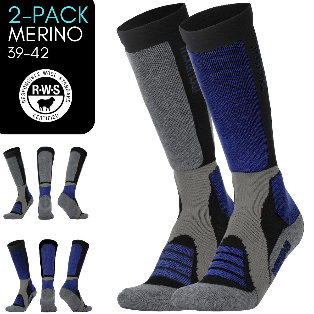 MowMow Skisokken Merino 2-pack - Zilverionen - Antibacterieel - Heren - Dames - Maat 39-42