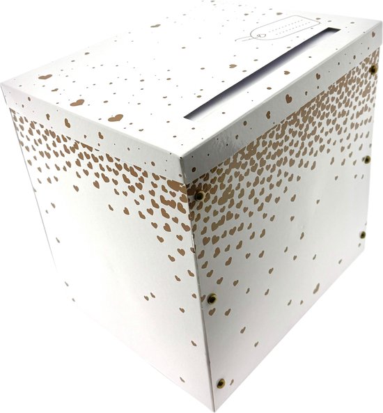 Witte geschenkdoos met bronzen hartjesprint, met gleuf bovenop.