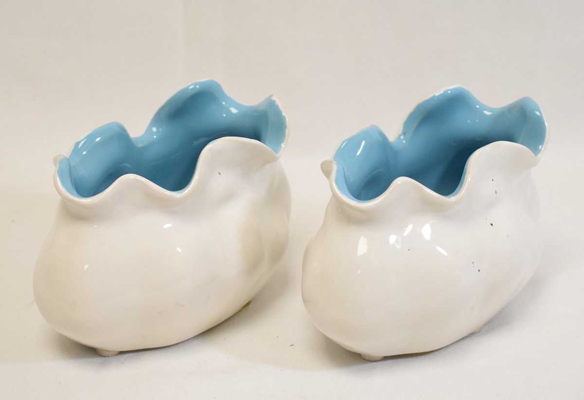 ZoeZo Design - 4 stuks - overpotje - bloempotje - decoratie schaaltje - wit - blauw - aardewerk - 14x9x9 cm - ovaal