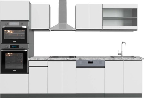 Vicco Elément de cuisine complet R- Line, Wit/anthracite/Anthracite, 300 cm avec meuble haut, WB Marbre