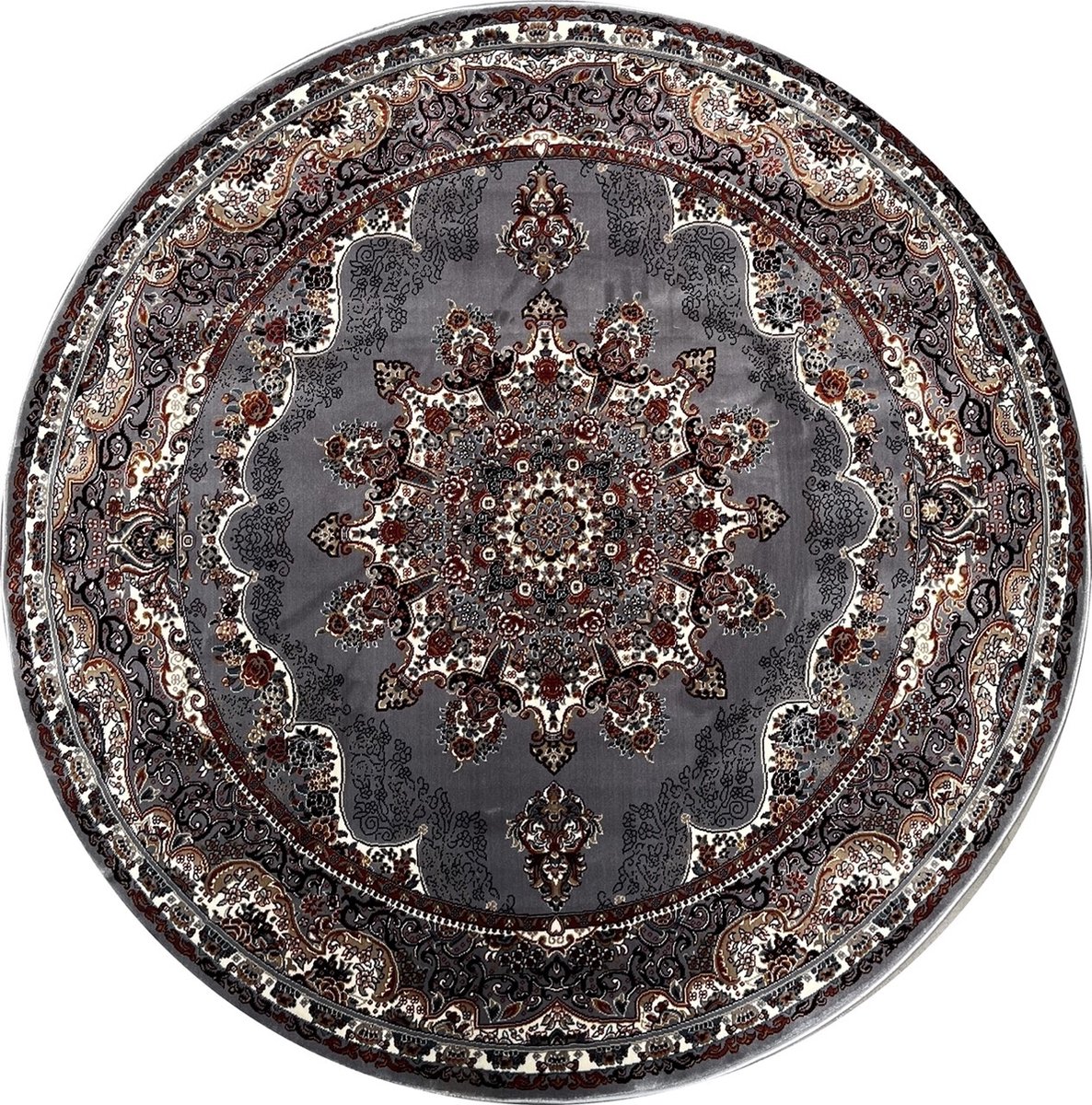 Muratap Isfahan Oosters Vloerkleed Nain - Laagpolig - Klassiek Vintage Tapijt - Rond - Grijs / Multi- 250 CM Ø