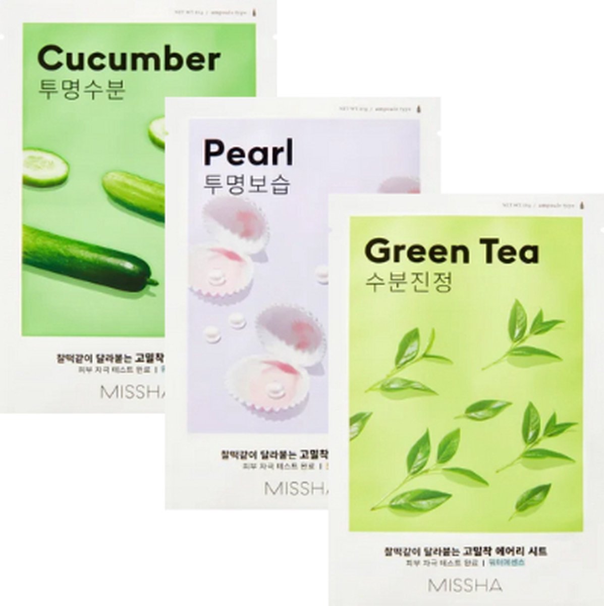 Goedkoopste Koreaanse Gezichtsmasker - Set van 3 | Komkommer, Parel & Groene thee | Sheet Mask Missha Korean Beauty - Anti-aging