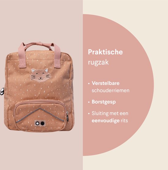 Roze rugzak met witte spikkels en kattengezicht. Beschrijving van kenmerken zoals verstelbare schouderbanden.