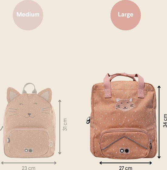 Vergelijking van de maten Medium en Large van de roze rugzak met kattengezicht.