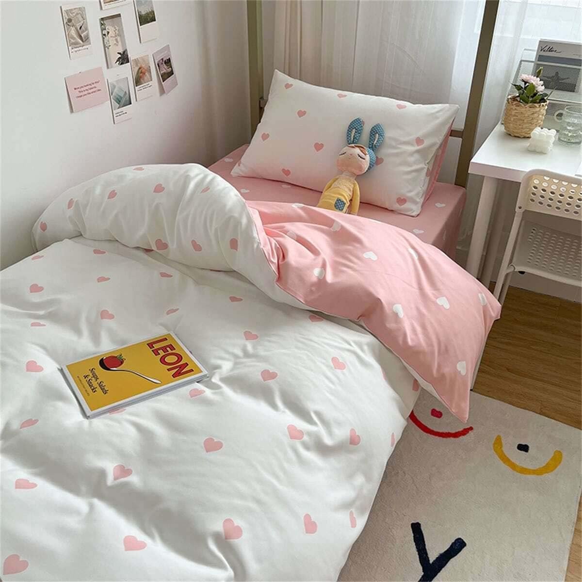 JGS ® Beddengoed Set met Hartjespatroon voor Meisjes in Zachte Microvezel, Omkeerbaar Ontwerp met Rits