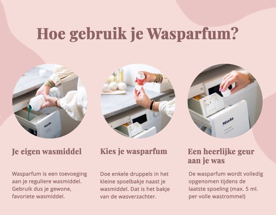 Instructies voor het gebruik van wasparfum: 3 foto's van handen die wasmiddel en wasparfum in een wasmachine doen.
