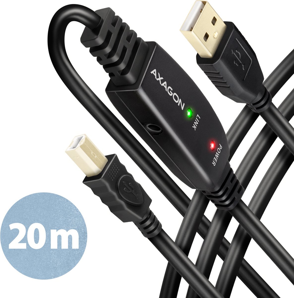 Axagon ADR-220B USB 2.0 A-M -> B-M active connecting/repeater cable 20m - Kabel - Digital/Daten USB-kabel USB A USB B Zwart