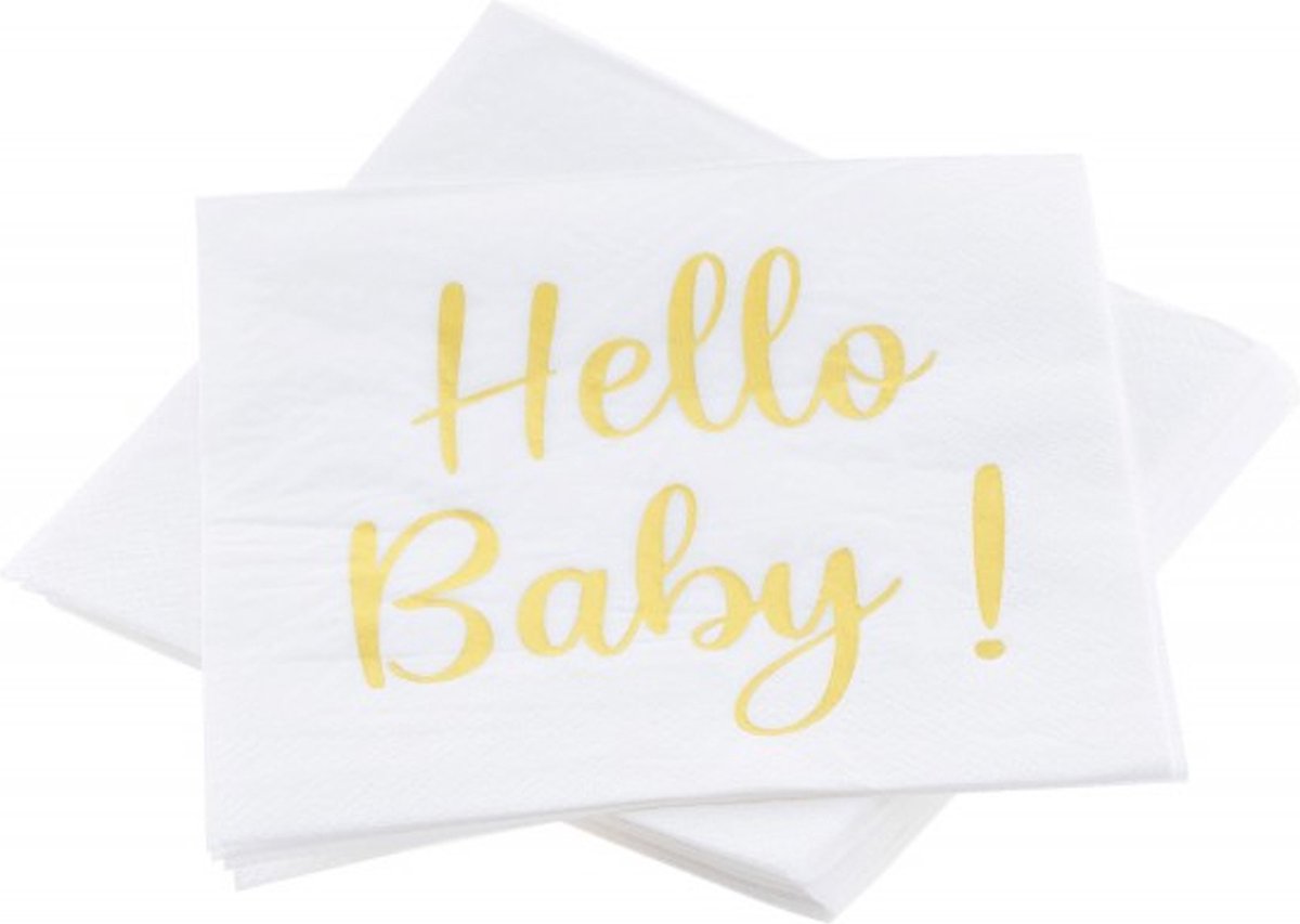 Chaks Baby kraamfeest/geboorte servetten - Hello Baby! - 20x - wit/goud - babyshower - 33 cm
