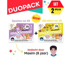 maXimaal combiset 2 spellen: Optellen en Aftrekken tot 20 | Kaartspel | Optellen tot 20, aftrekken tot 20, rekenen wordt kinderspel | bedenker: Maxim 8 jaar | vanaf 5 jaar | 2 tot 6 spelers | Bonus: oefenkaarten en getalbeelden