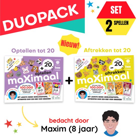 maXimaal combiset 2 spellen: Optellen en Aftrekken tot 20 | Kaartspel | Optellen tot 20, aftrekken tot 20, rekenen wordt kinderspel | bedenker: Maxim 8 jaar | vanaf 5 jaar | 2 tot 6 spelers | Bonus: oefenkaarten en getalbeelden