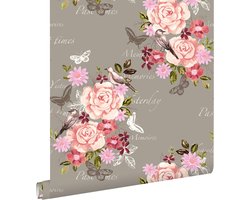 HD vliesbehang bloemen en vogels sepia bruin - 138121 van ESTAhome