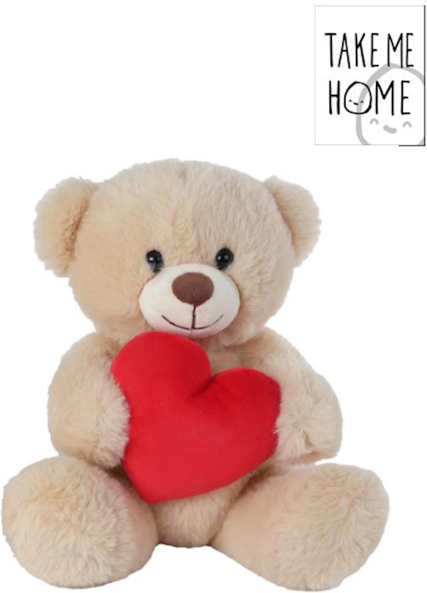 Take Me Home pluche beer - Bruin beertje met rood hartje - 0+ maanden