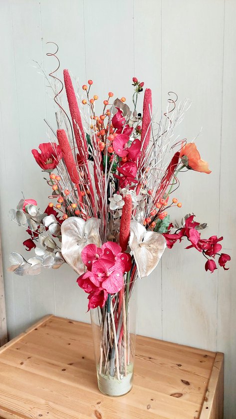 Foto: Boeket zijden en droogbloemen in wit rood en zilver kleuren kerstboeket 65 cm hoog kunstbloemen nepbloemen droogbloemen woondecoratie kunstplanten bouquet dried flower and silk flowers
