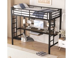 Gutent Kinderbed (Zonder matras, Zonder stoel), Metalen bedframe met bureau en twee boekenplanken, Geschikt voor kinderen, Tieners en Volwassenen, 90x200 cm, Zwart