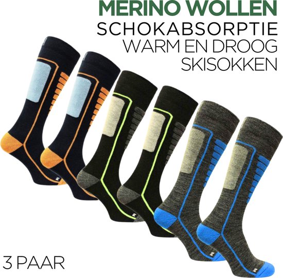 Norfolk Skisokken - 3 Paar - Merino Wol Schokabsorptie Skisokken - Naadloos - Zacht, Warm en Droog - Zwart/Smoked/Blauw - Maat 43-46 - Courchevel 3 Pack