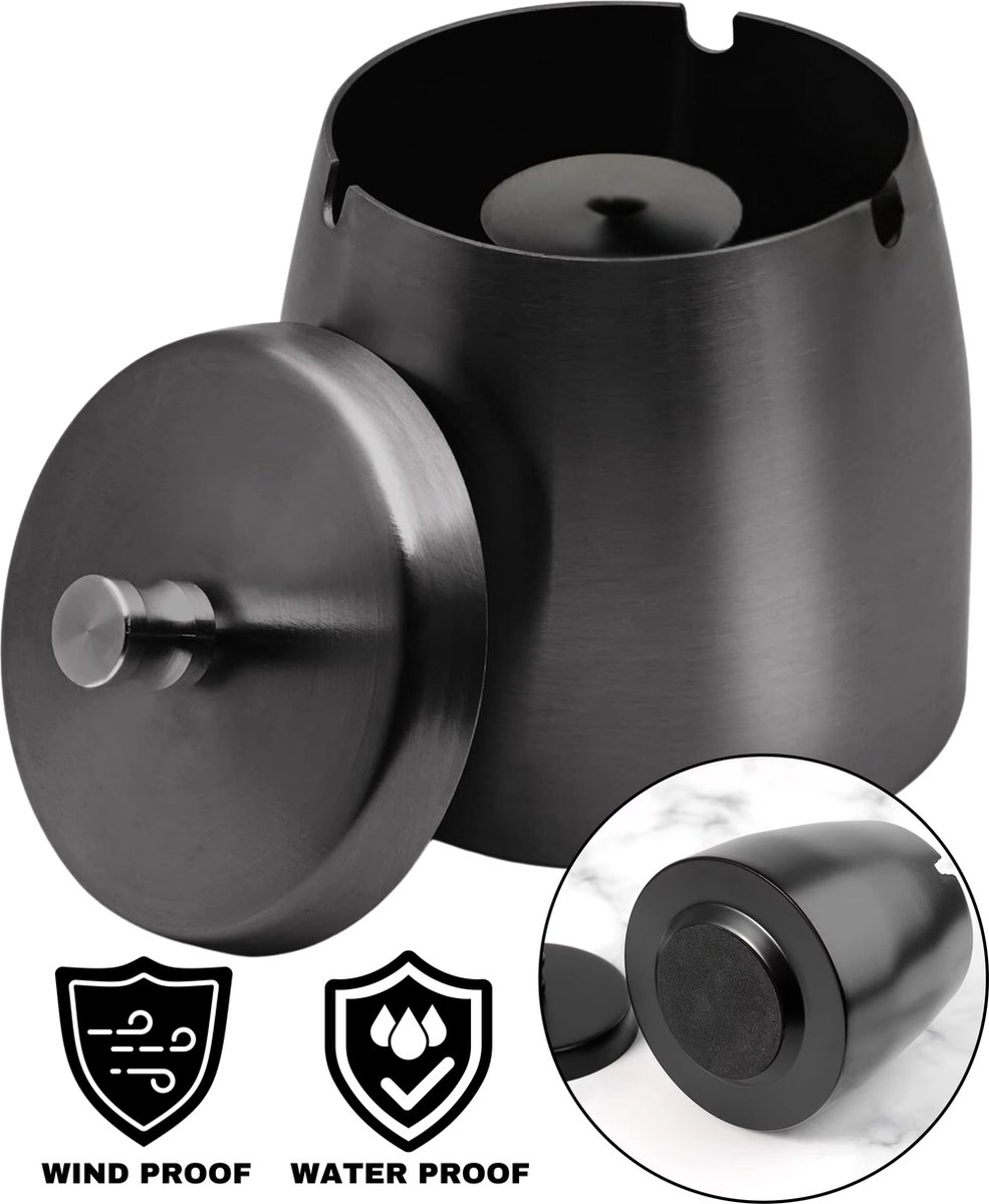 Goedkoopste Boncy® Premium Asbak met Deksel - Zwart RVS - Asbakken voor Buiten en Binnen - Asbak Auto