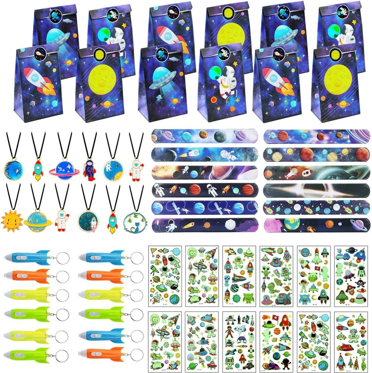 Image of 60 stuks ruimtefeestcadeautjes voor kinderverjaardag - met geschenkzakjes en feestgeschenkverpakkingen - vulling feestcadeautjes kinderen - ruimteraket klikarmbanden - halsketting - tattoo-stickers