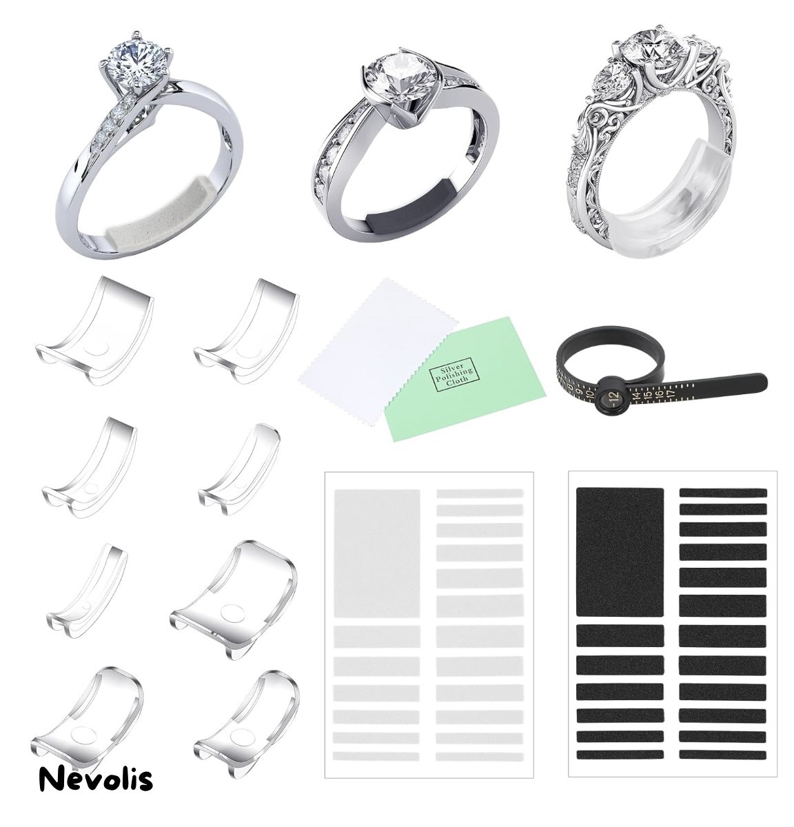 Nevolis® 8-delige set onzichtbare ringmaatkleiner, transparante ringverkleiners, siliconen afstandhouders, polijstdoek en meetgereedschap, voor dunne ringen van dames en heren in verschillende maten - Ring verzorgingsset