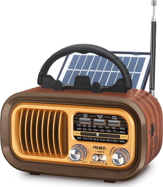 Ariqo Retro Radio - Bluetooth Speaker - Vintage Soundbox - Zonne-Energie of Batterij - AUX - USB - AM/FM - 9.1x17.3x11 cm - Walnoot