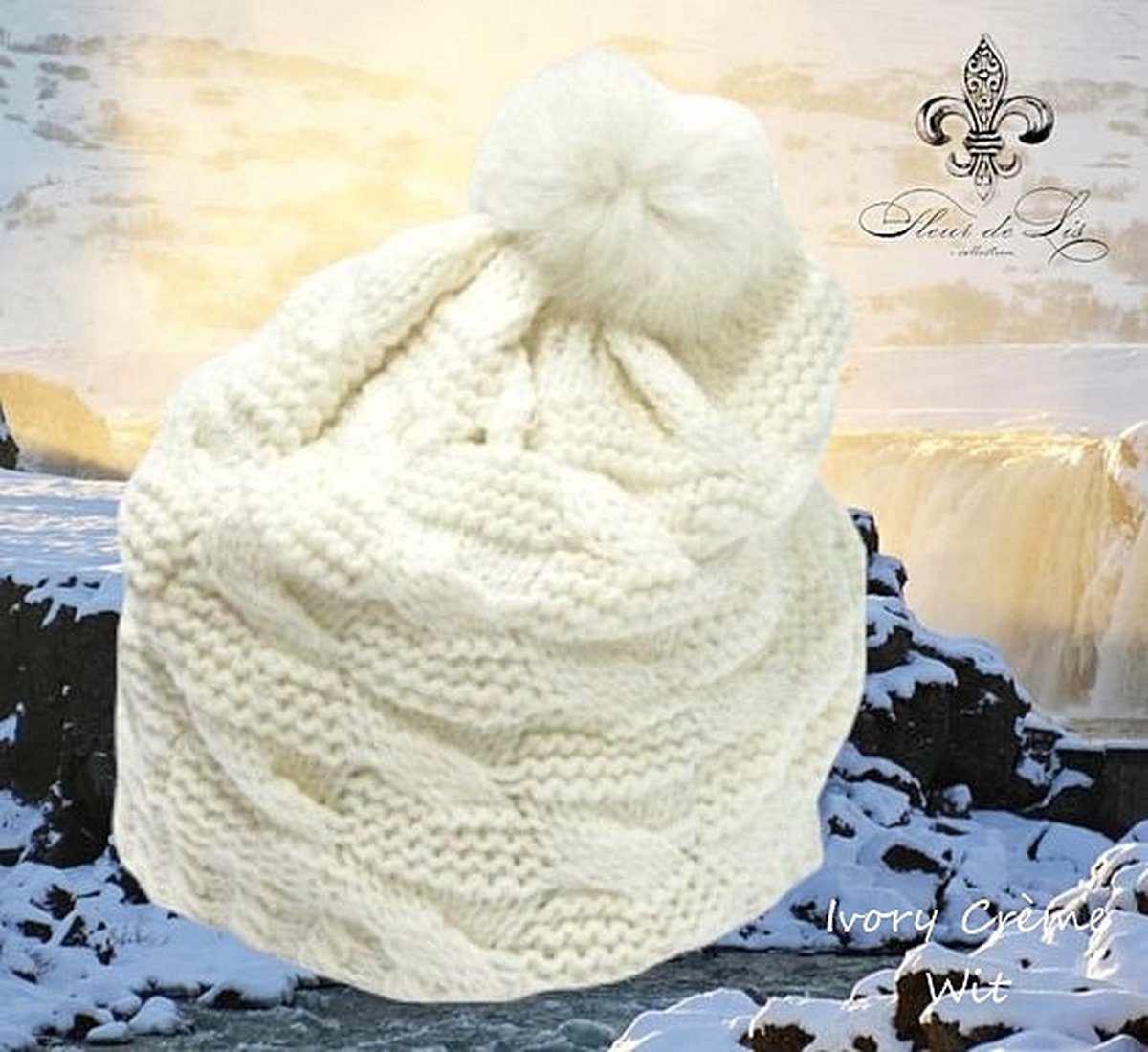 Fleur De Lis - Herfst / Winter beanie / muts - Rabbit soft PomPom - Ivory / Crème - volwassenen jeugd - unisex - casual feest