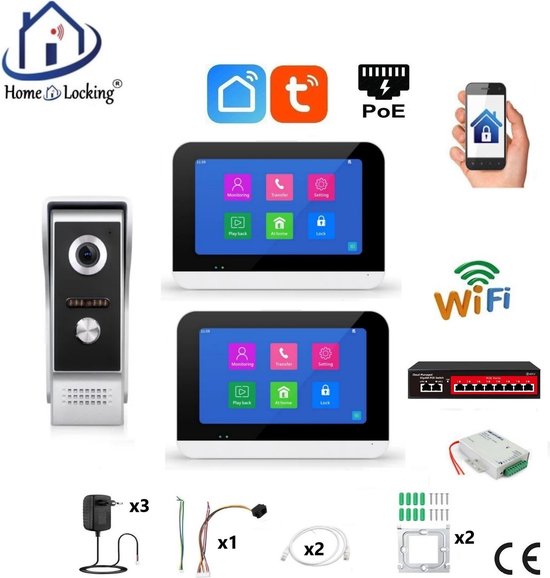 Smart WIFI deur intercom/videofoon 2 touchscreen met voeding voor elektrisch slot. T-2301V-1-2