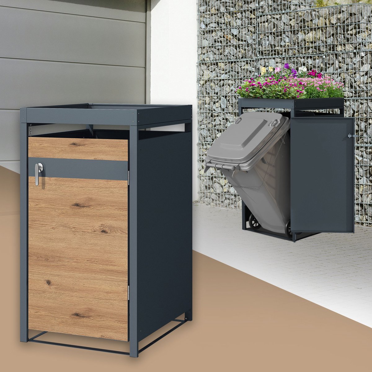 Kliko ombouw, Container ombouw met plantendak 1er tot 240L 68x80x124 cm gemaakt van staal in eiken look ML design